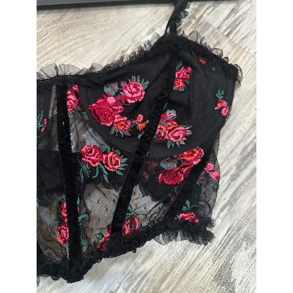 For Love & Lemons Black Red Rose Embroidered Mesh Corset Bustier Crop Top Medium - Picture 4 of 8